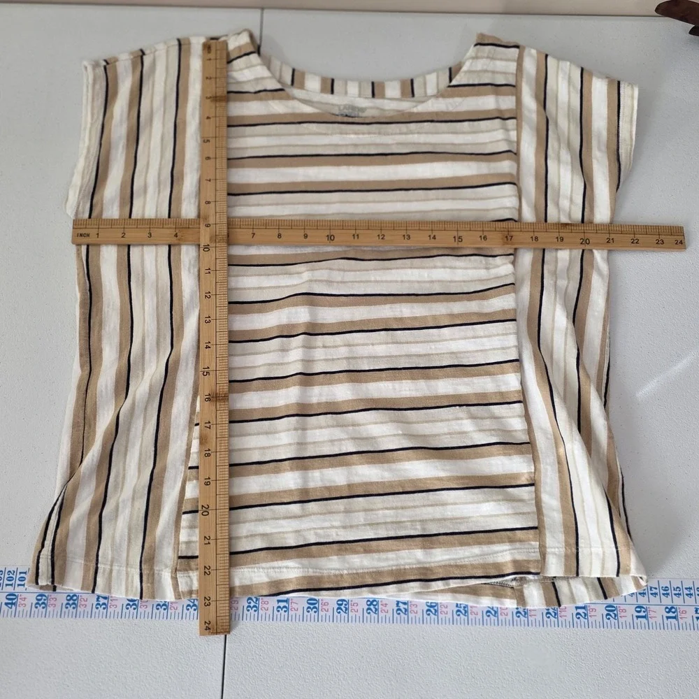 Lands End Casual Tees +‎ Short Set Women Medium Petite Blue Tan Striped Pockets